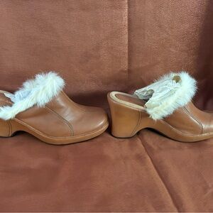 Enzo Angiolini Leather Fur Trim Mule Clogs Brown Slip On Heels Women 9.5 Cozy